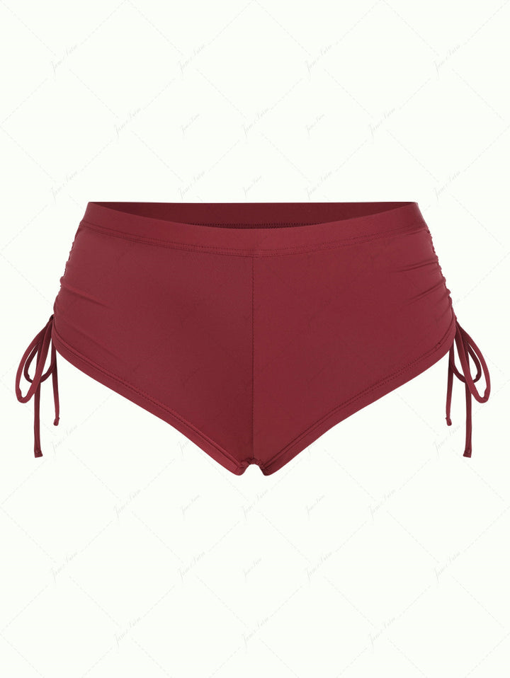 Red Wine Solid Color Cinched Side Bikini Bottom Cheeky Swim Boyshorts