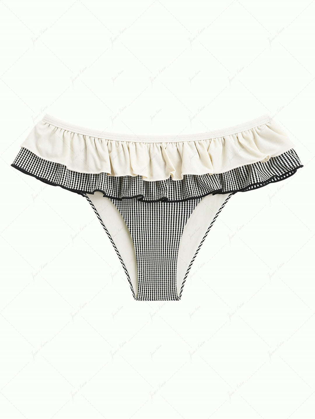 Crystal Cream Metallic Gold Yarn Knitted Fabric Layered Peplum Skirted Bikini Bottom