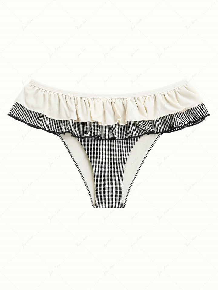 Crystal Cream Metallic Gold Yarn Knitted Fabric Layered Peplum Skirted Bikini Bottom