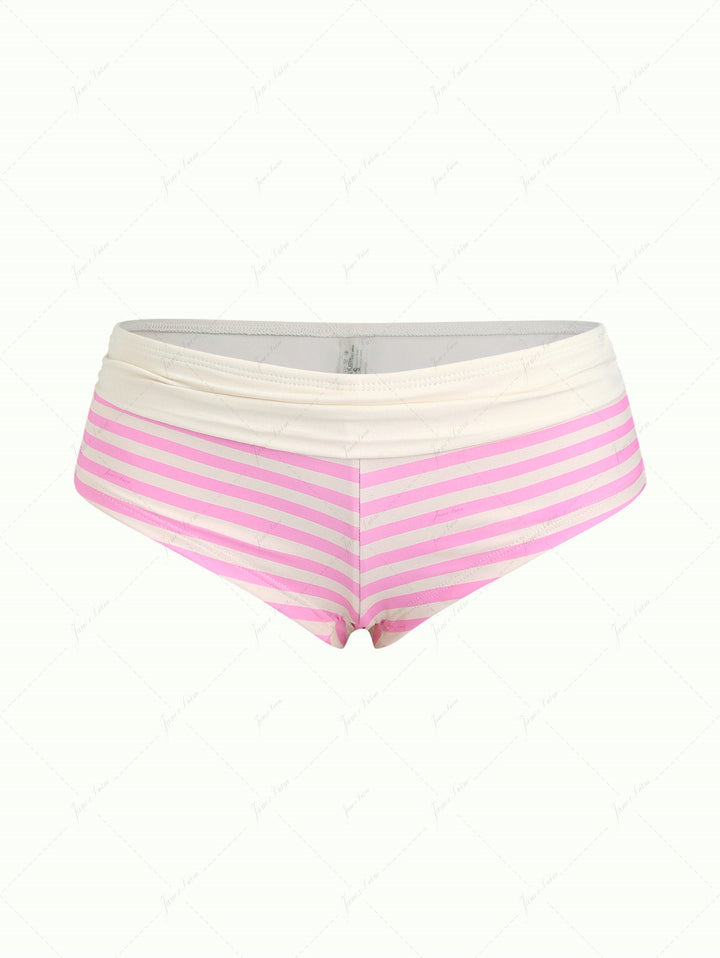 Light Pink Striped Fold-over Bikini Bottom Cheeky Swim Boyshorts