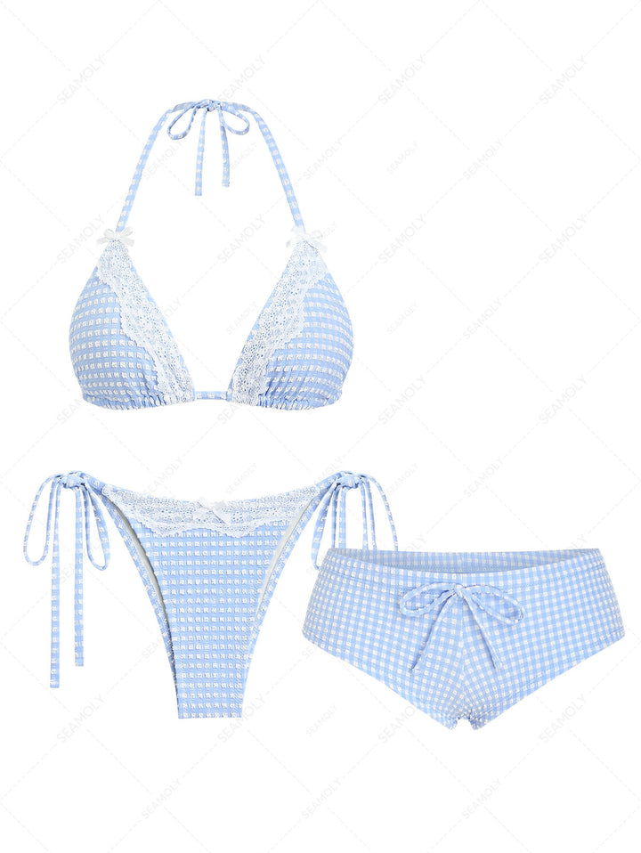 Seamolly 3 Piece Gingham Textured Bowknot Triangle Cheeky Boyshort Bikini Set