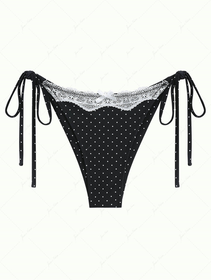 Black Polka Dot Print Lace Bowknot Tie Side Bikini Bottom