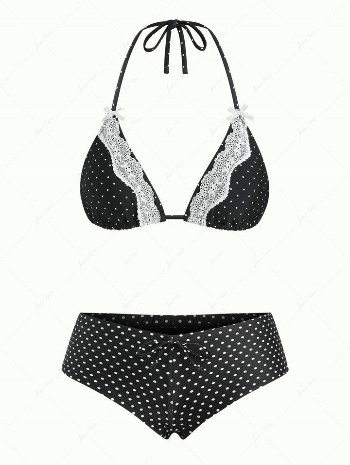Janex Black Polka Dot Print Lace Bowknot Triangle Cheeky Boyshorts Bikini Set