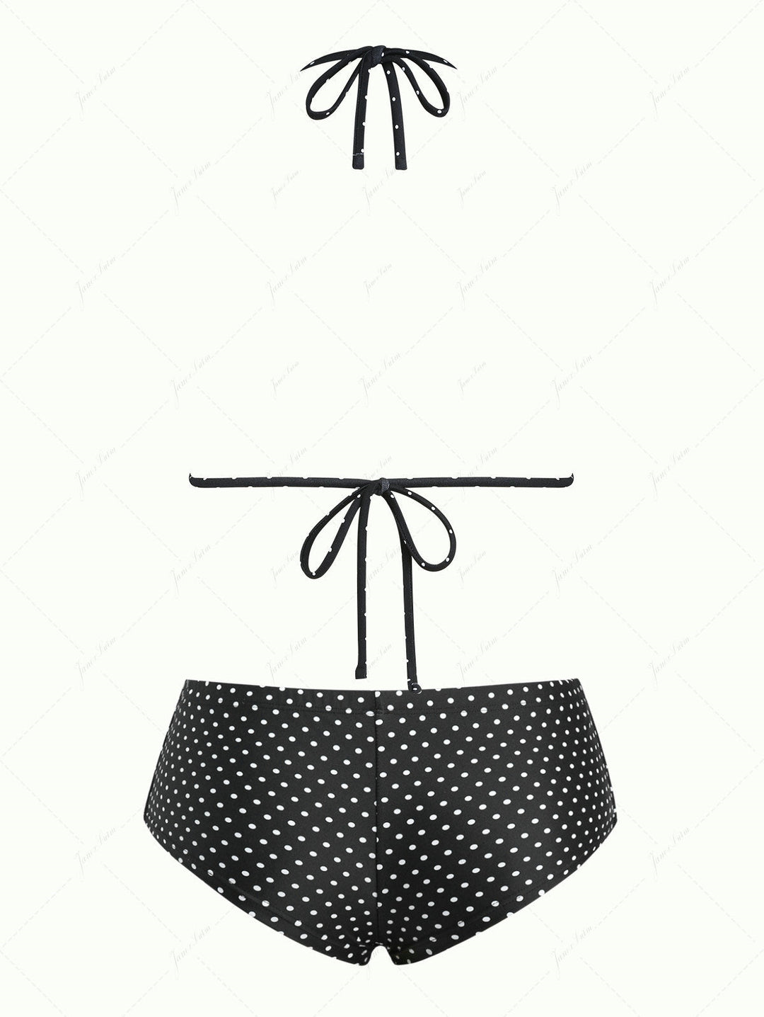 Janex Black Polka Dot Print Lace Bowknot Triangle Cheeky Boyshorts Bikini Set