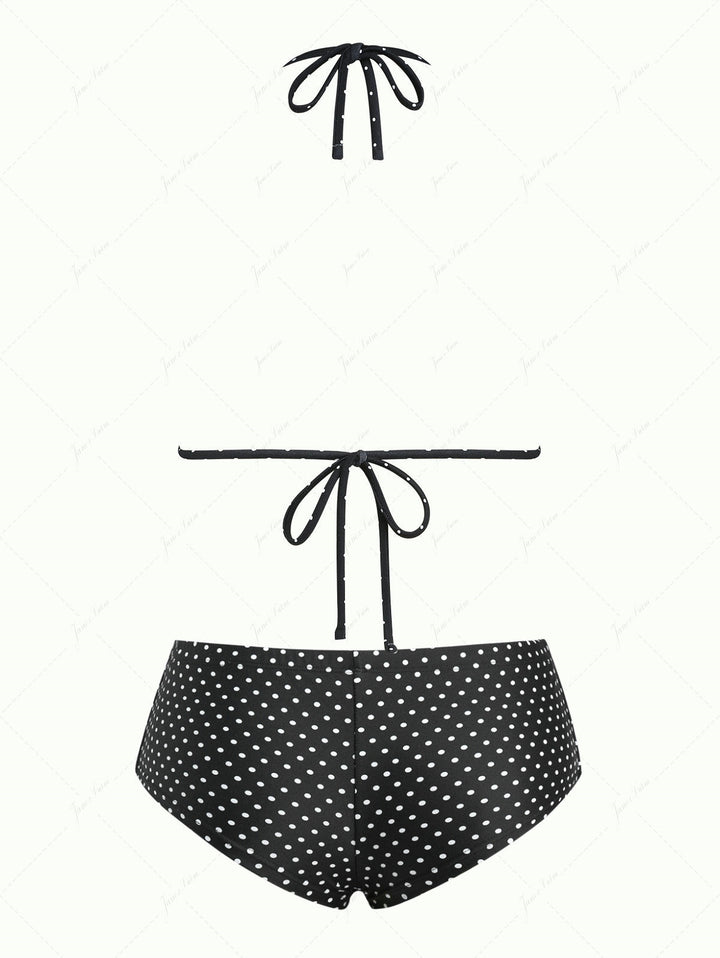 Janex Black Polka Dot Print Lace Bowknot Triangle Cheeky Boyshorts Bikini Set