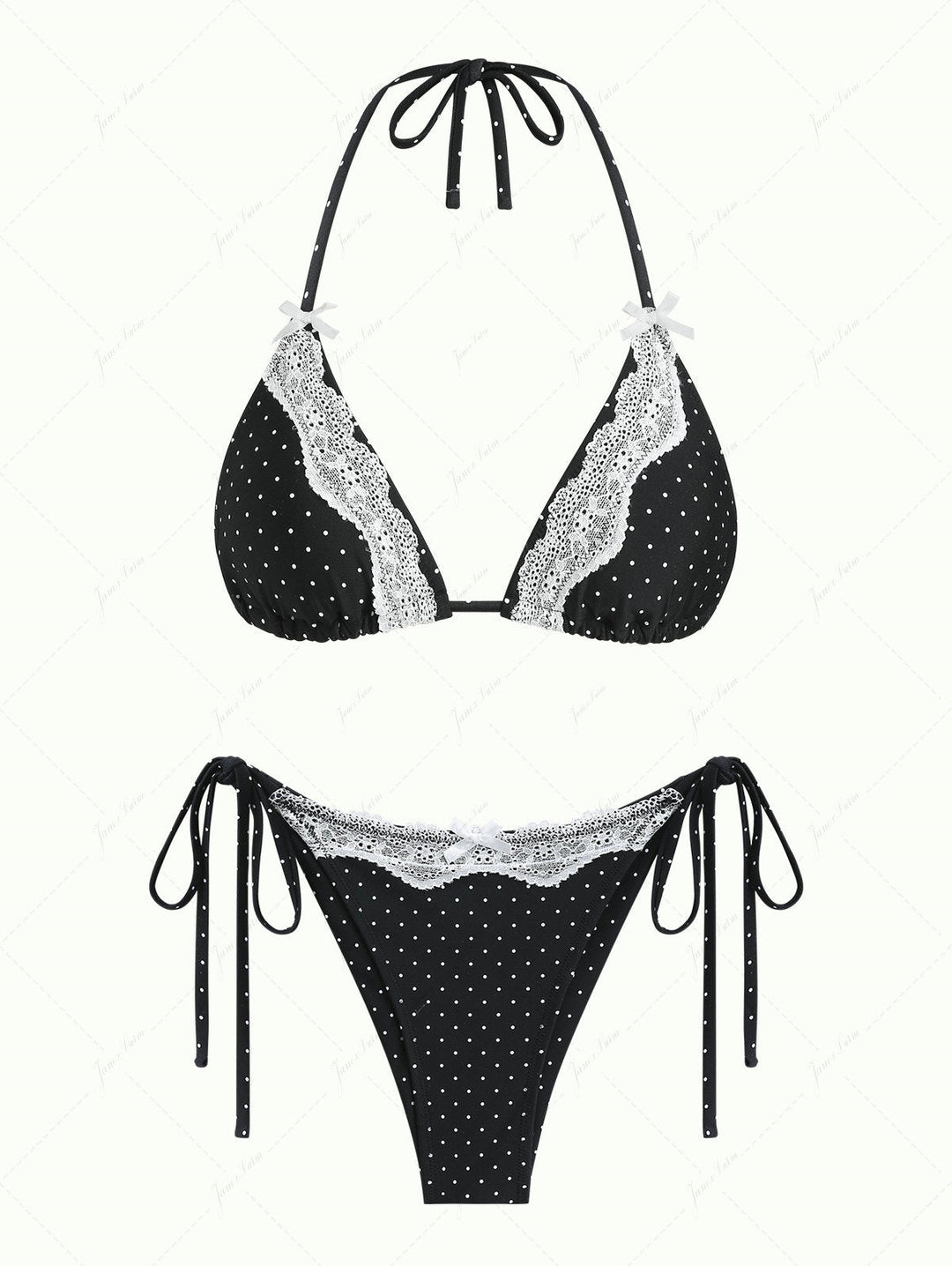 Janex Black Polka Dot Print Lace Bowknot Halter Triangle Bikini Set