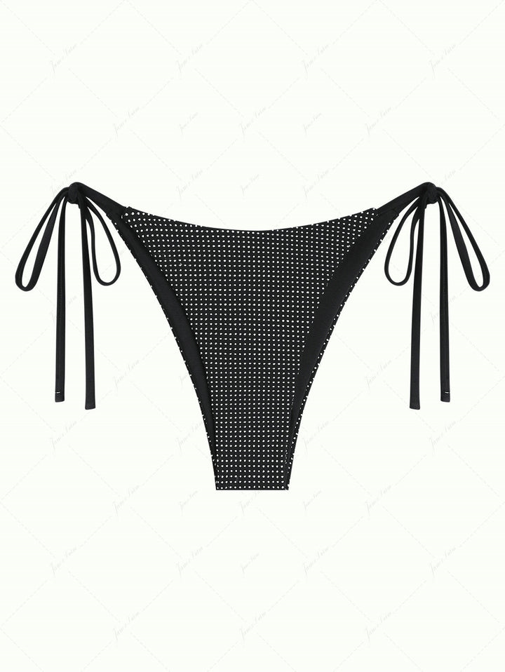Black Pin Dot Jacquard Fabric Tie Side String Bikini Bottom
