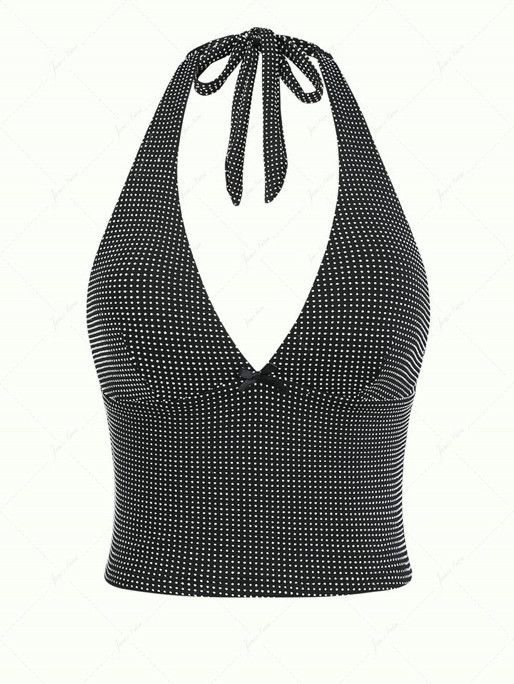 Black Pin Dot Jacquard Fabric Plunging Neck Halter Tied Tankini Top