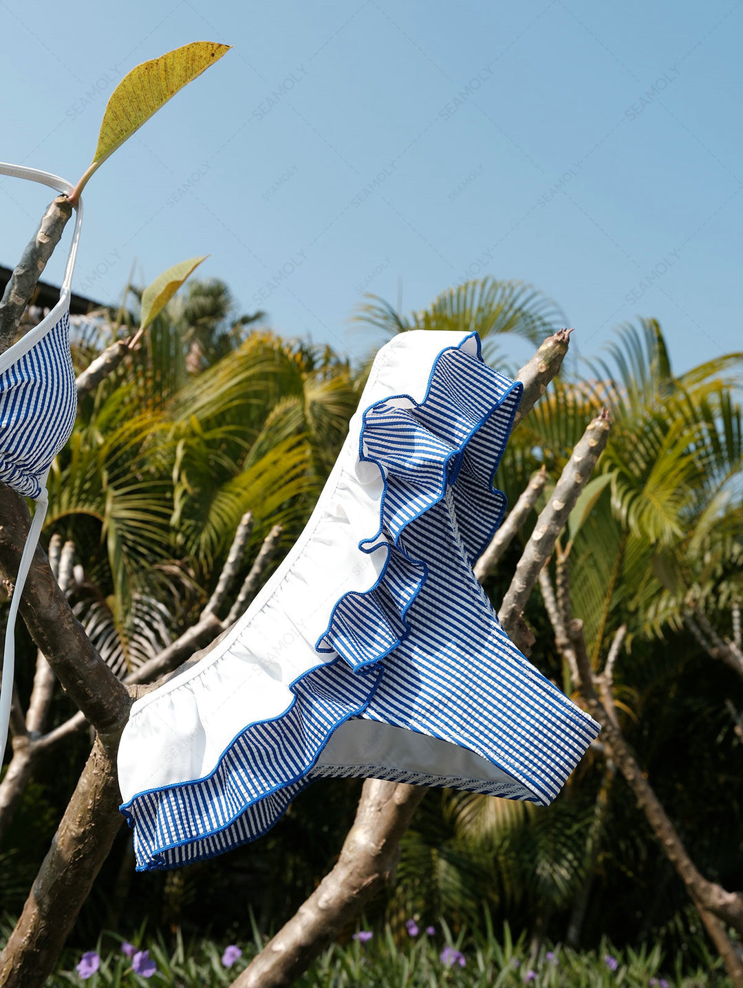 Seamolly Contrast Binding Striped Layered Peplum Halter Triangle Skirtini Bikini Set