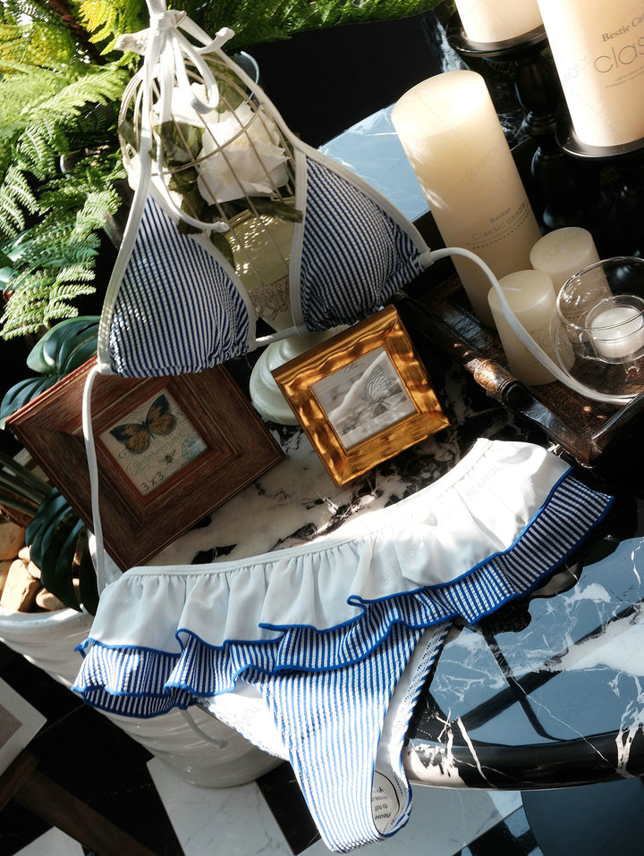 Seamolly Contrast Binding Striped Layered Peplum Halter Triangle Skirtini Bikini Set