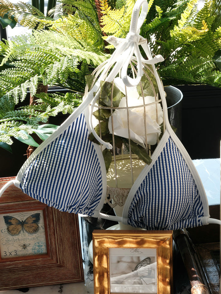 Seamolly Contrast Binding Striped Layered Peplum Halter Triangle Skirtini Bikini Set