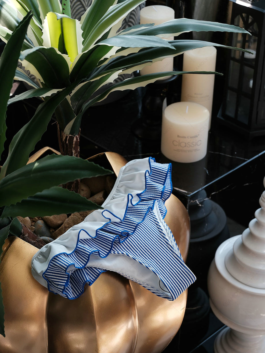 Seamolly Contrast Binding Striped Layered Peplum Halter Triangle Skirtini Bikini Set