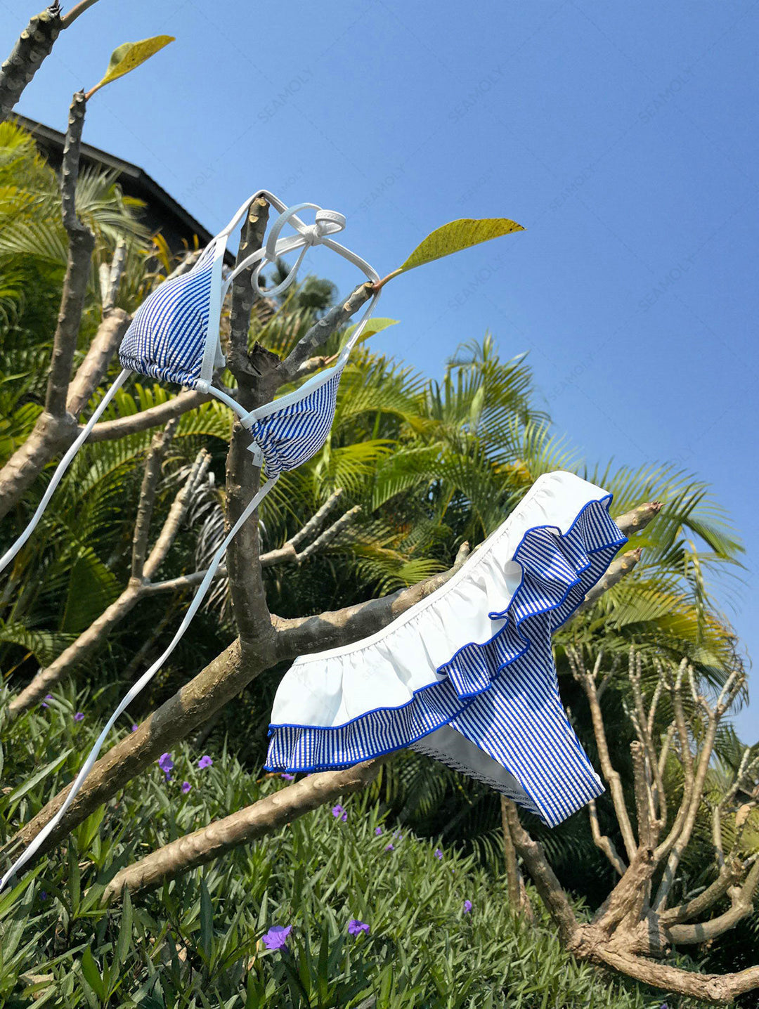 Seamolly Contrast Binding Striped Layered Peplum Halter Triangle Skirtini Bikini Set