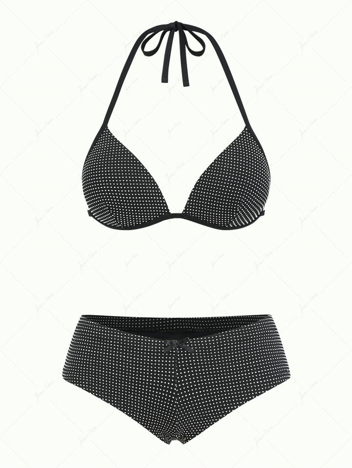 Black Pin Dot Jacquard Fabric Triangle Push Up Top & Cheeky Boyshort Bikini Set