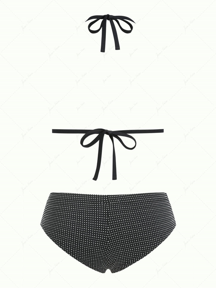 Black Pin Dot Jacquard Fabric Triangle Push Up Top & Cheeky Boyshort Bikini Set
