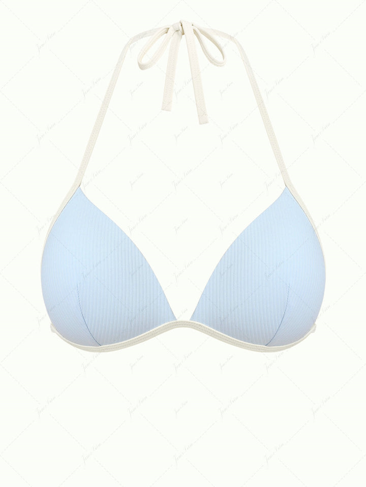 Light Blue Contrast Binding Ribbed Knit Halter Triangle Bikini Top