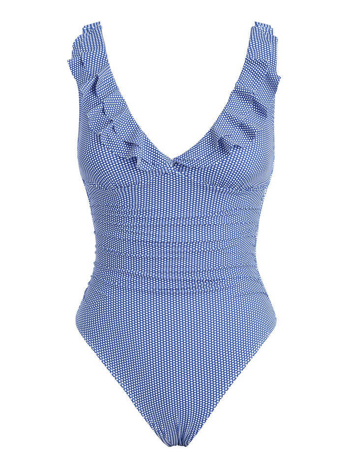 Seamolly 1950s Pin-Up Vintage Polka Dot Tummy Control Ruched Ruffles Plunging Neck One-piece Swimsuit