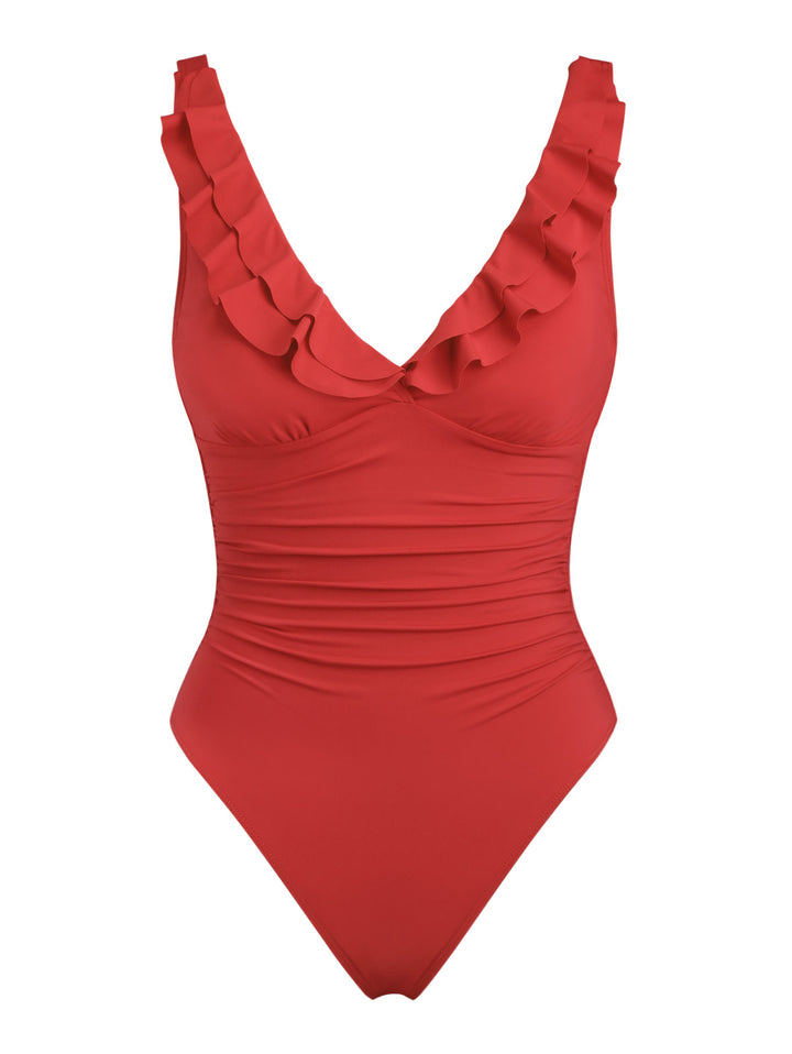 Seamolly Solid Color Tummy Control Ruched Ruffles Trim Plunging Neck One-piece Swimsuit
