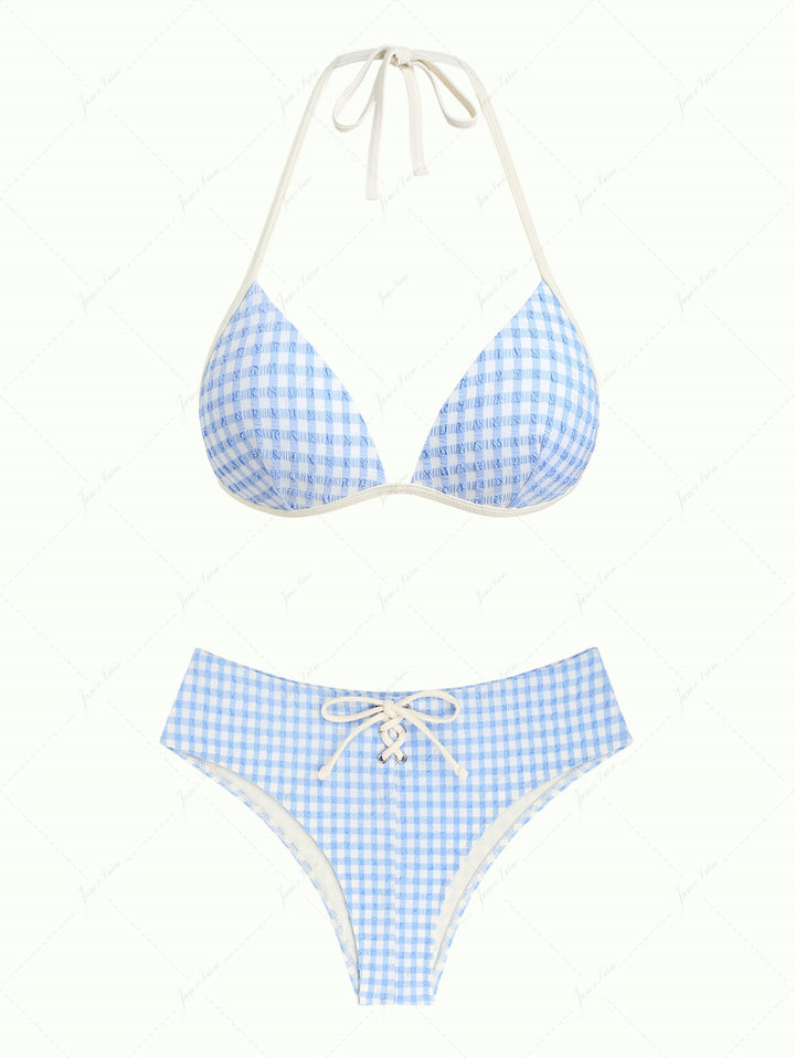 Light Blue Gingham Textured Halter Triangle Push Up Bikini Set