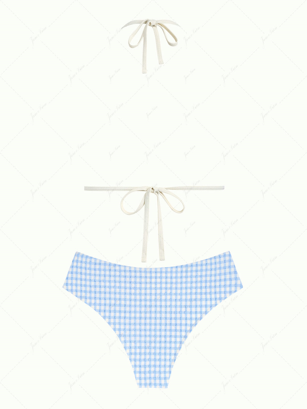 Light Blue Gingham Textured Halter Triangle Push Up Bikini Set