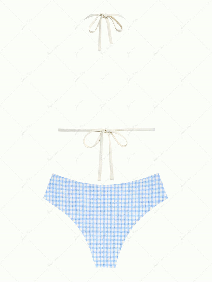 Light Blue Gingham Textured Halter Triangle Push Up Bikini Set