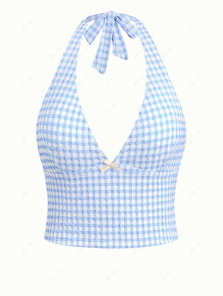 Light Blue Bubble Grid Textured Plunging Neck Halter Tied Tankini Top