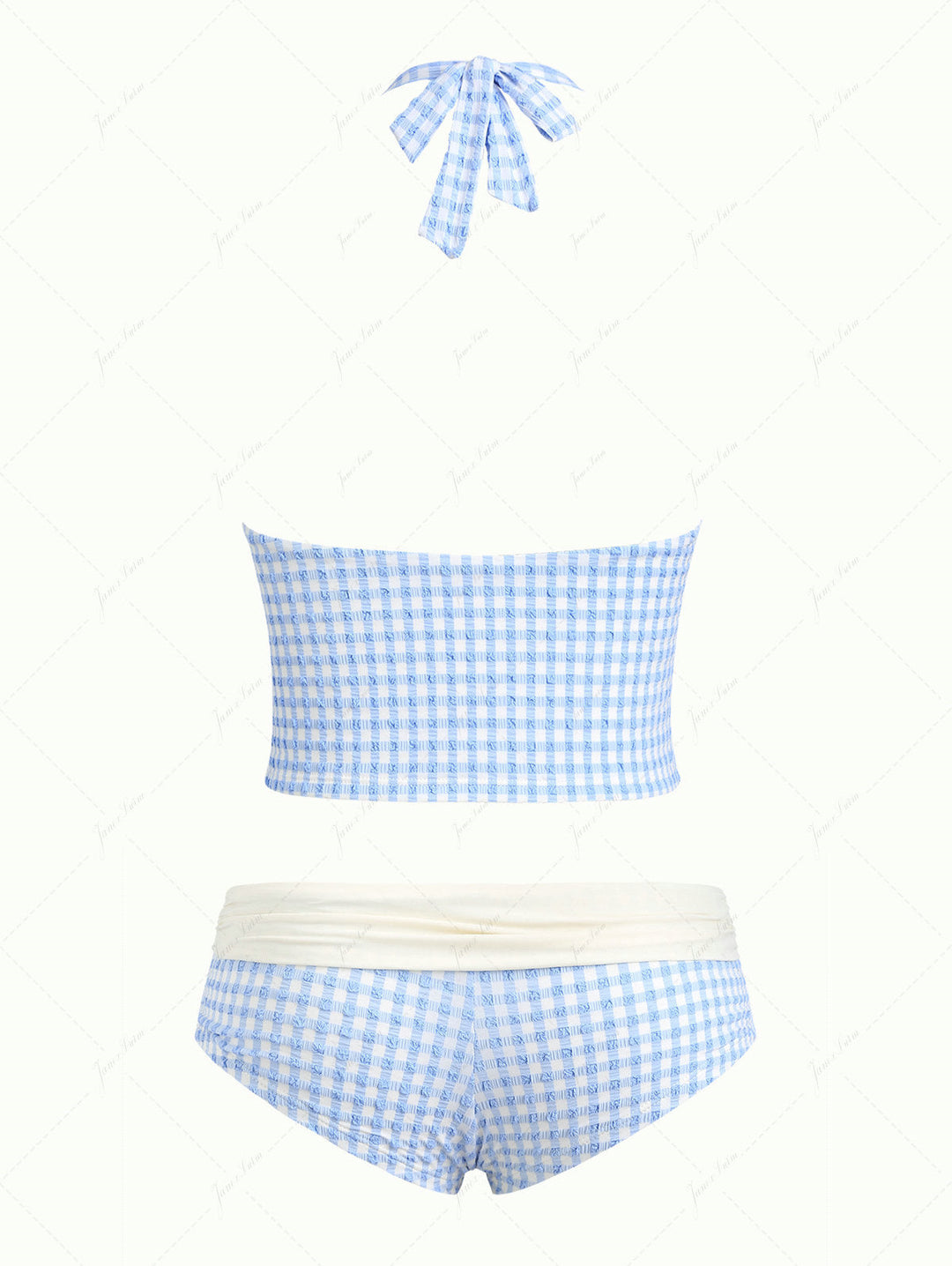 Light Blue Grid Textured Plunging Neck Halter Foldover Cheeky Boyshorts Tankini Set