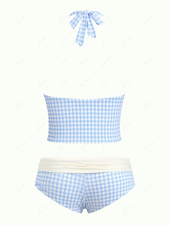 Light Blue Grid Textured Plunging Neck Halter Foldover Cheeky Boyshorts Tankini Set