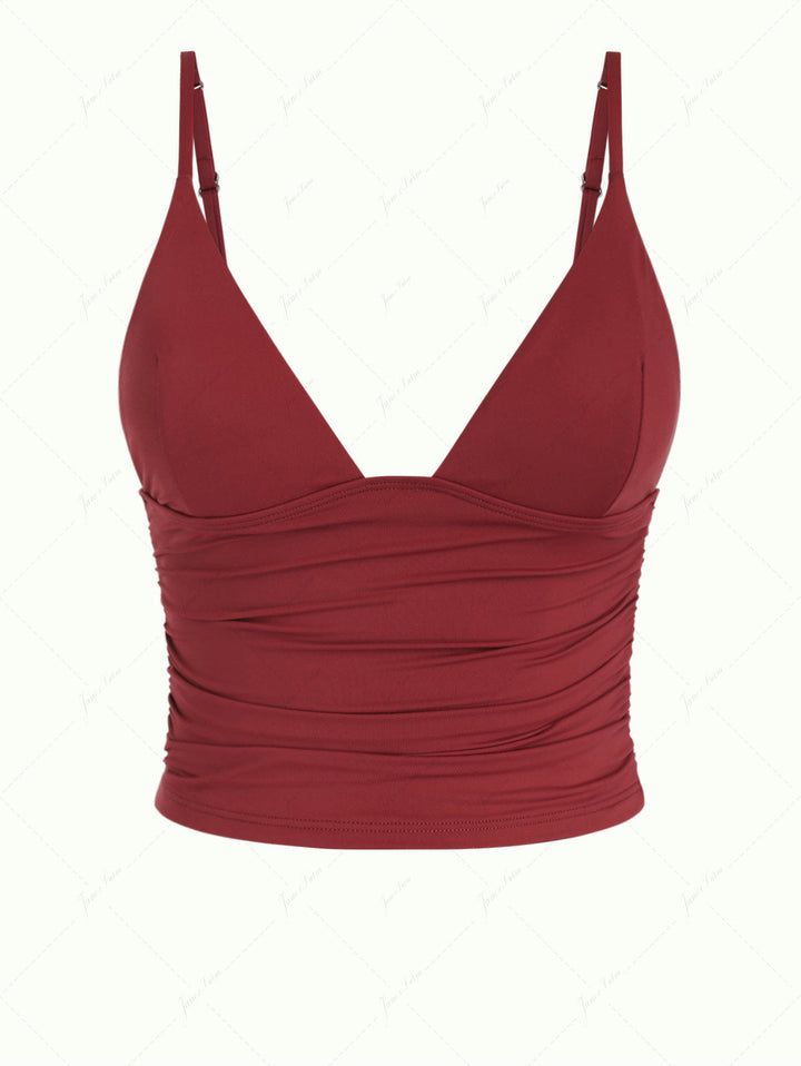 Red Wine Solid Color Cool Touch Ruched Plunging Neck Cami Tankini Top