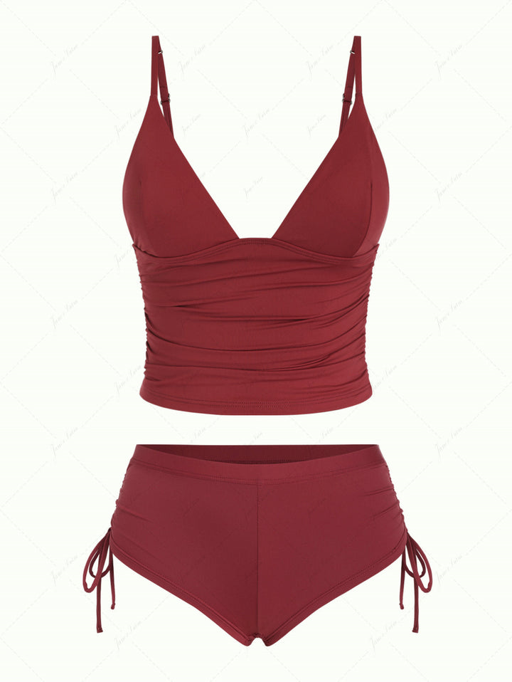 Red Wine Solid Color Ruched Plunging Neck Cinched Cheeky Boyshorts Tankini Set