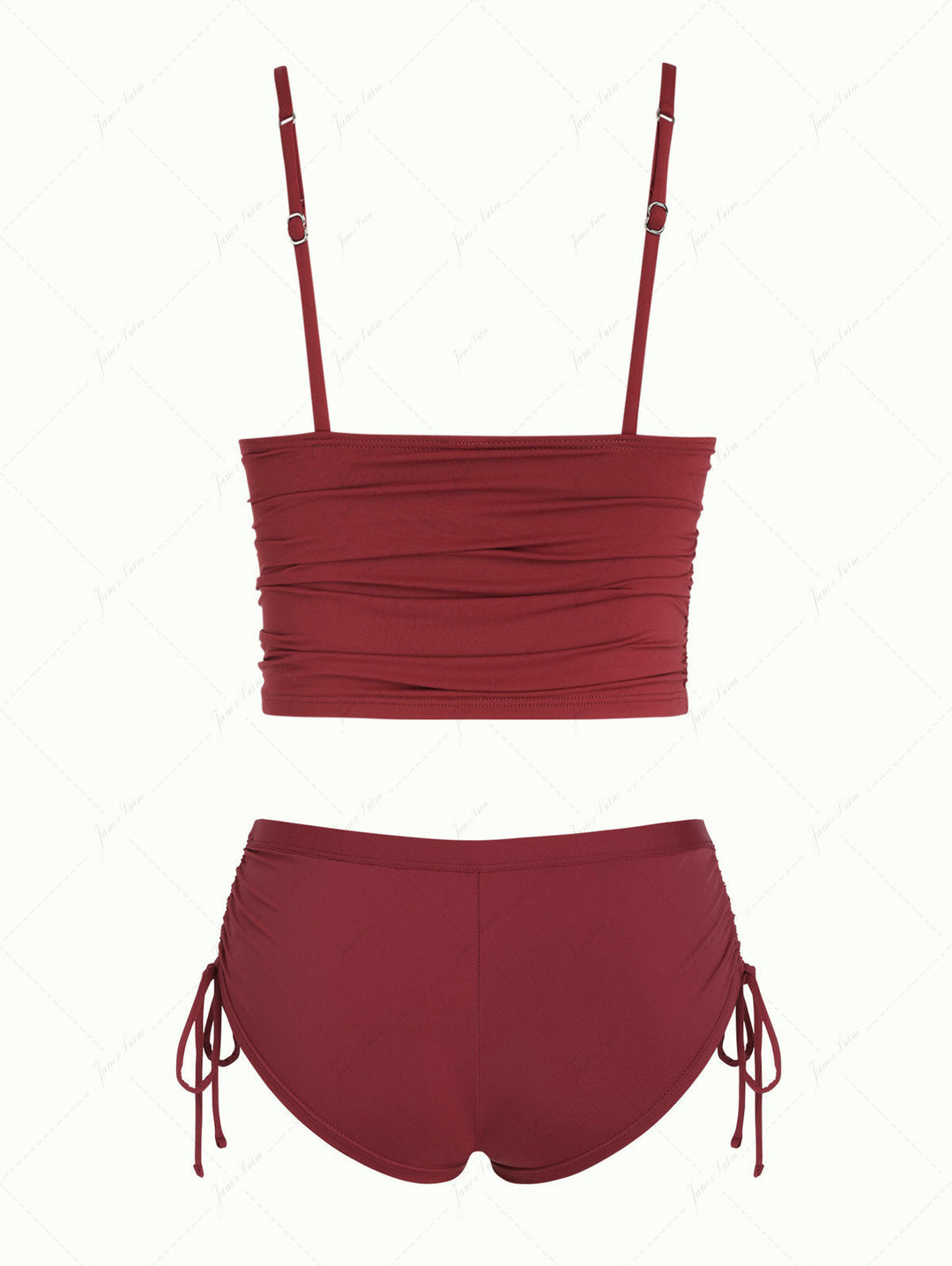 Red Wine Solid Color Ruched Plunging Neck Cinched Cheeky Boyshorts Tankini Set