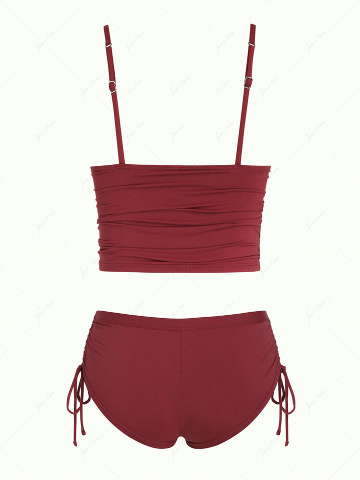 Red Wine Solid Color Ruched Plunging Neck Cinched Cheeky Boyshorts Tankini Set