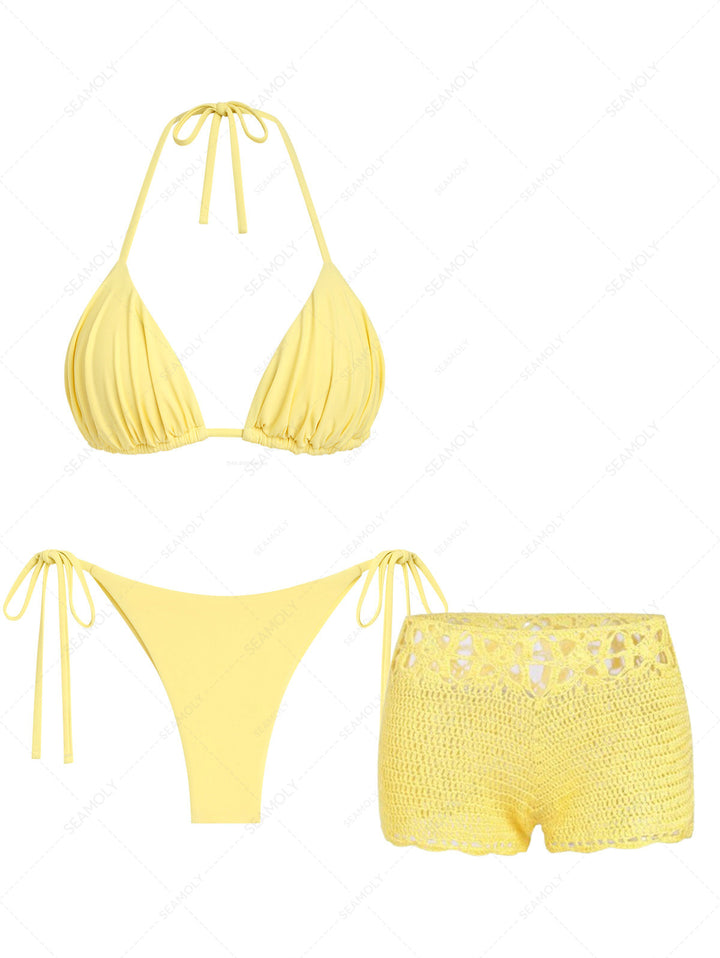 Seamolly 3 Piece Swimsuit-Ruched Triangle Cheeky Brazilian Bottom Bikini Set & Cover Up Shorts