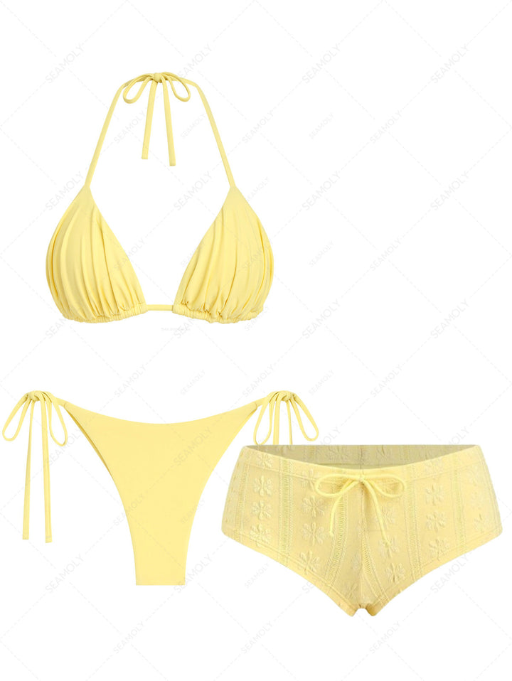 Seamolly 3 Piece Ruched Halter Triangle Brazilian Cheeky Boyshort Bikini Set