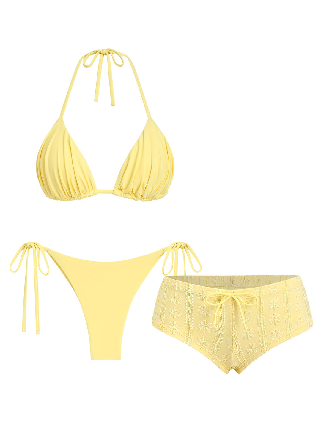 Seamolly 3 Piece Ruched Halter Triangle Brazilian Cheeky Boyshort Bikini Set