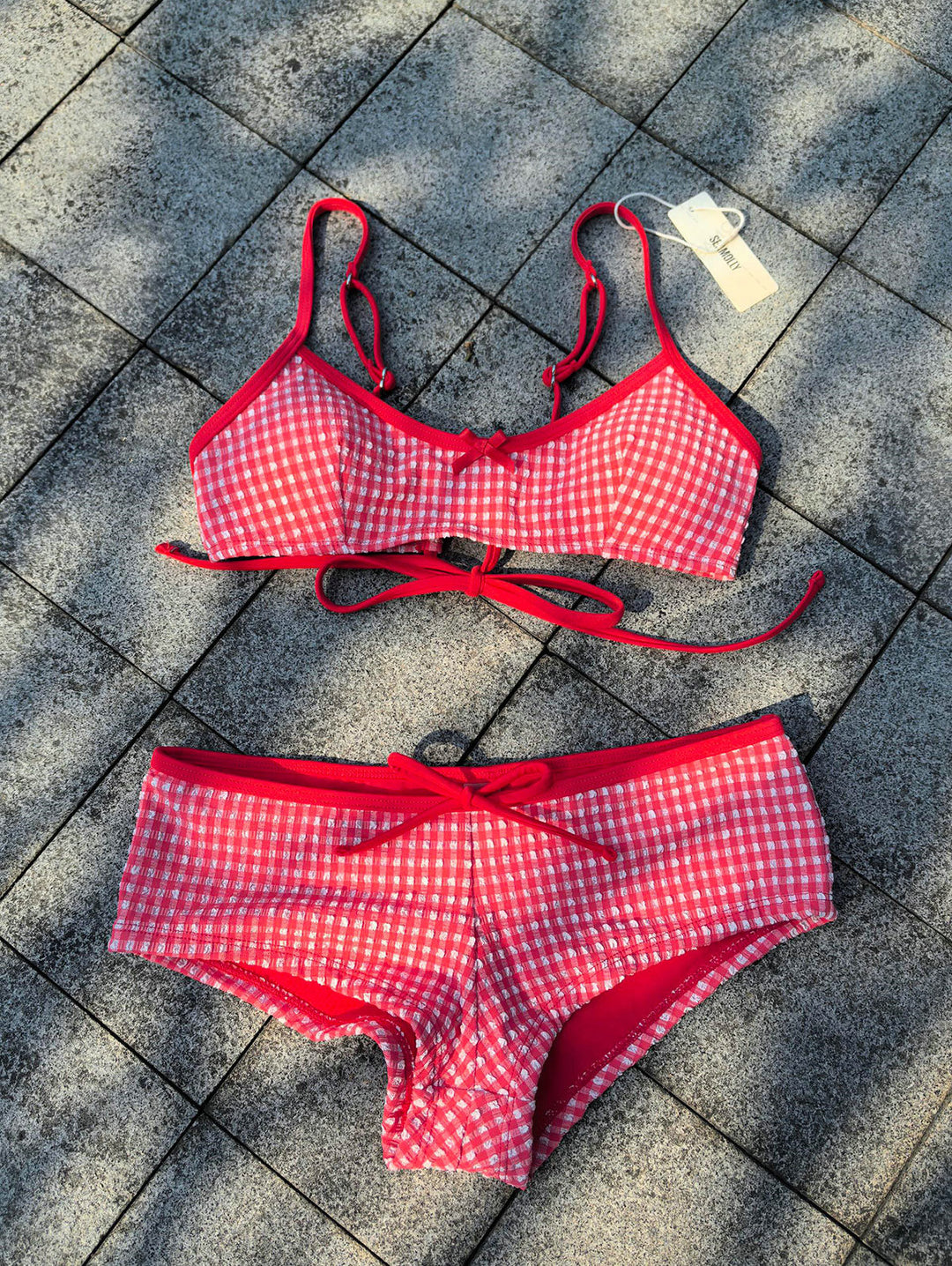 Seamolly 1950s Retro Vintage Inspired Gingham Textured Bowknot Bralette Boyshorts Bikini Set