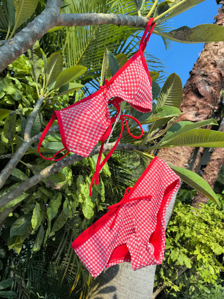 Seamolly 1950s Retro Vintage Inspired Gingham Textured Bowknot Bralette Boyshorts Bikini Set