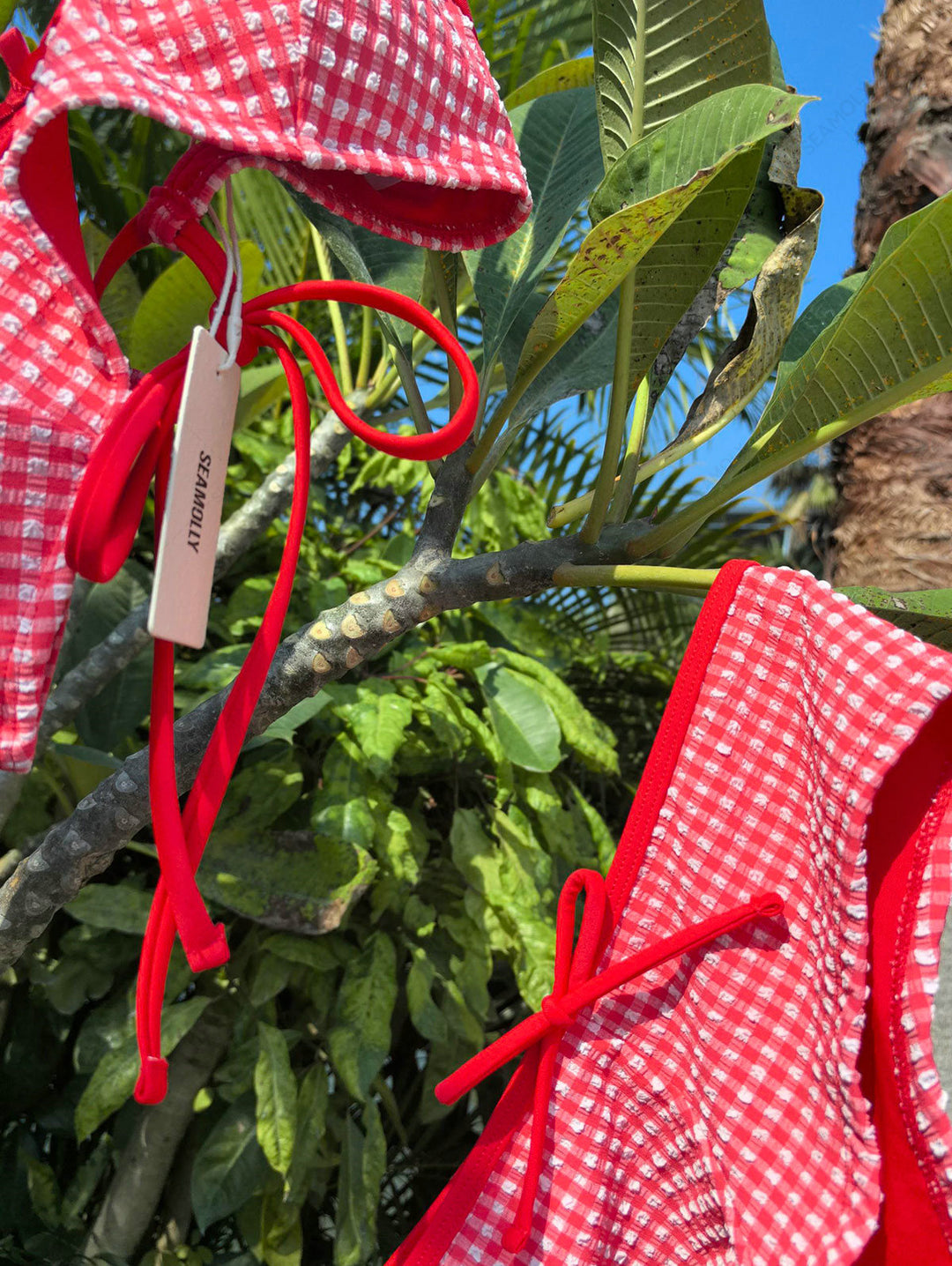 Seamolly 1950s Retro Vintage Inspired Gingham Textured Bowknot Bralette Boyshorts Bikini Set