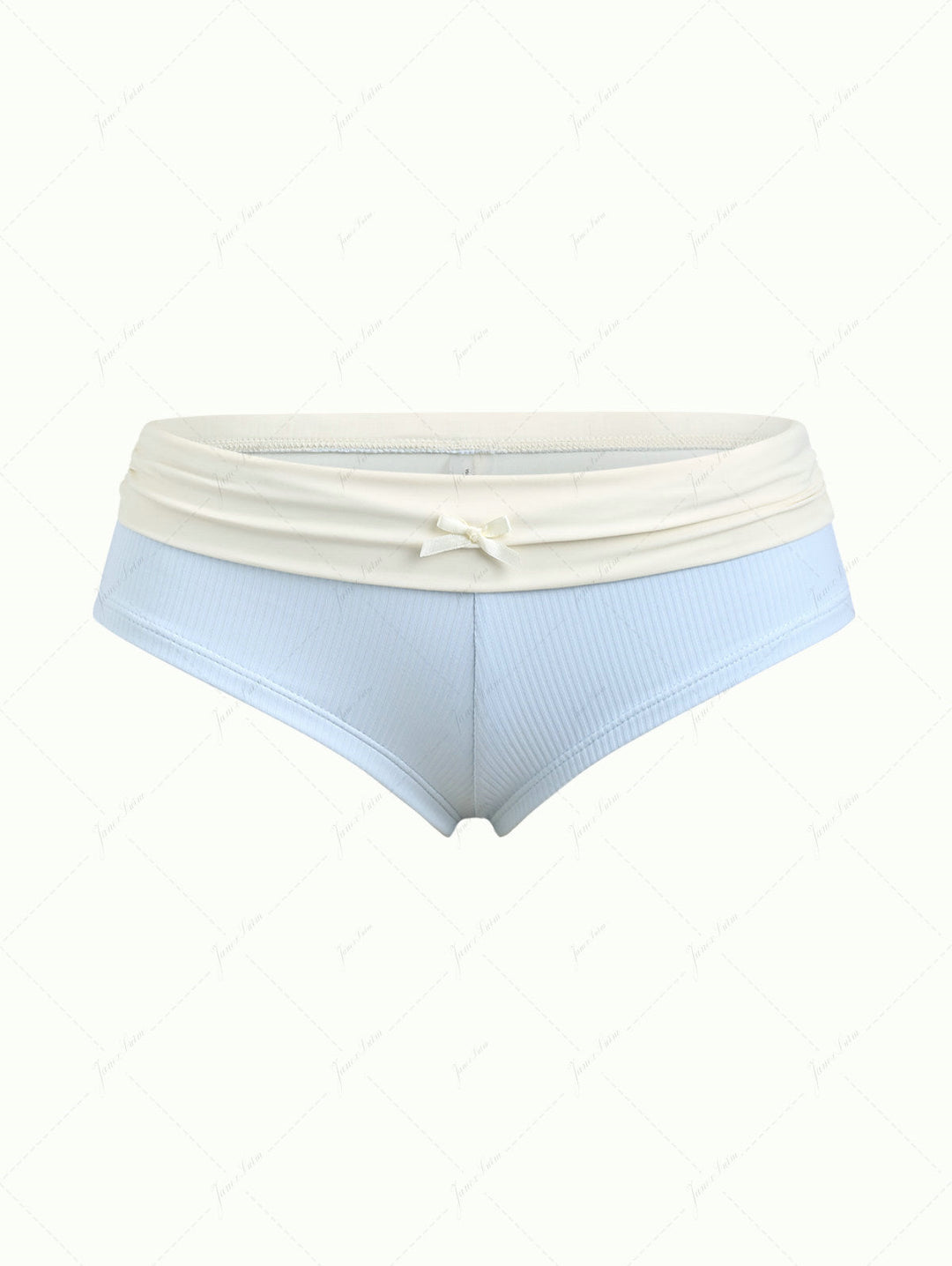 Light Blue Ribbed Knit Ruched Bowknot Foldover Bikini Bottom Cheeky Swim Boyshorts