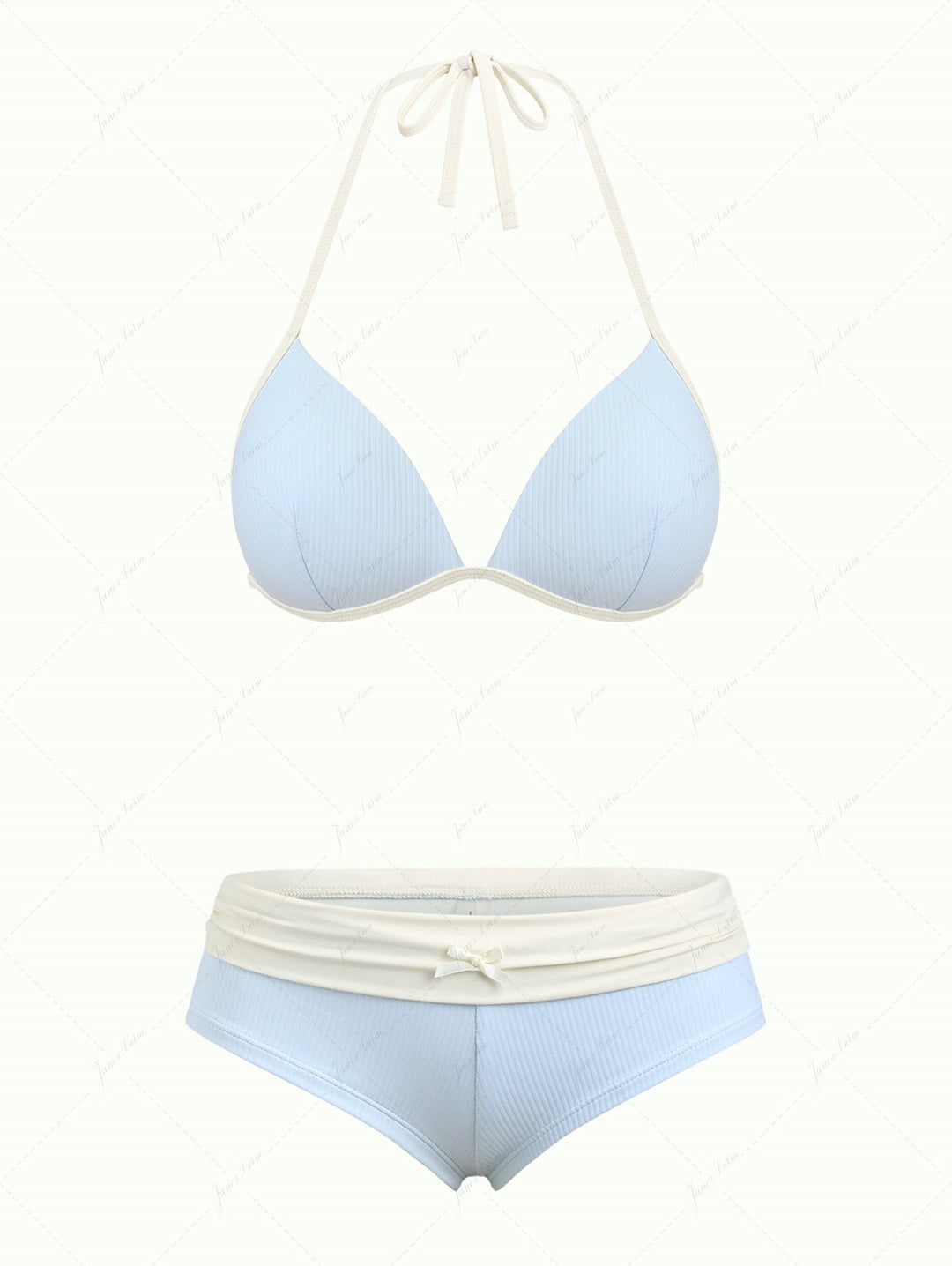 Light Blue Contrast Binding Ribbed Knit Halter Triangle Push Up Bikini Set