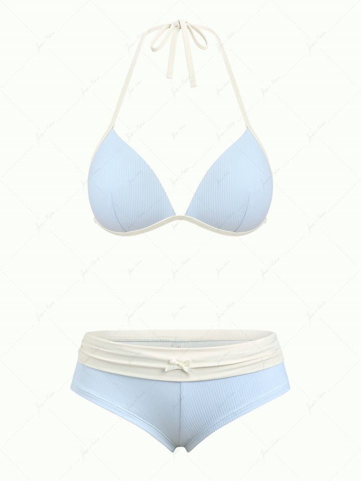 Light Blue Contrast Binding Ribbed Knit Halter Triangle Push Up Bikini Set