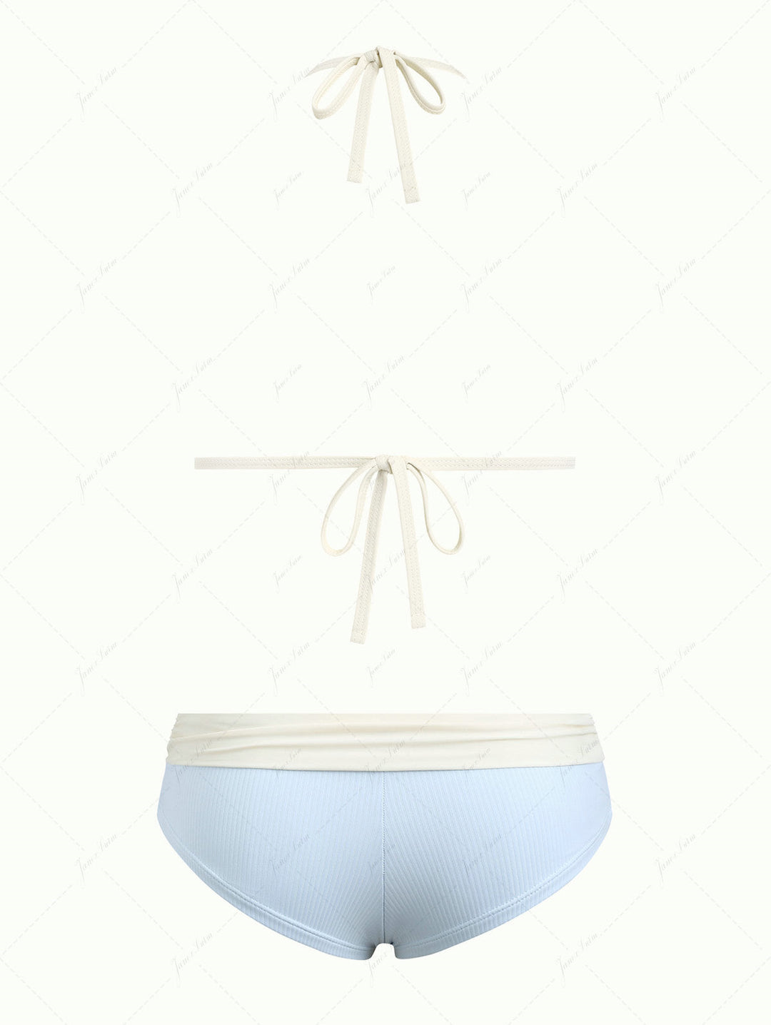 Light Blue Contrast Binding Ribbed Knit Halter Triangle Push Up Bikini Set