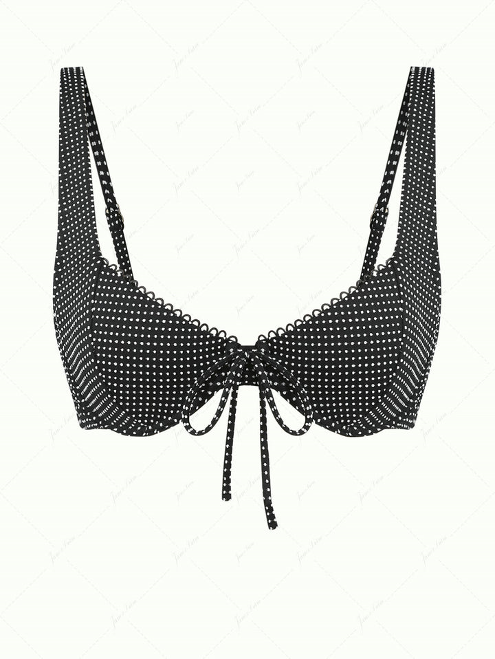 Black Pin Dot Jacquard Fabric Picot Trim Underwire Bikini Top