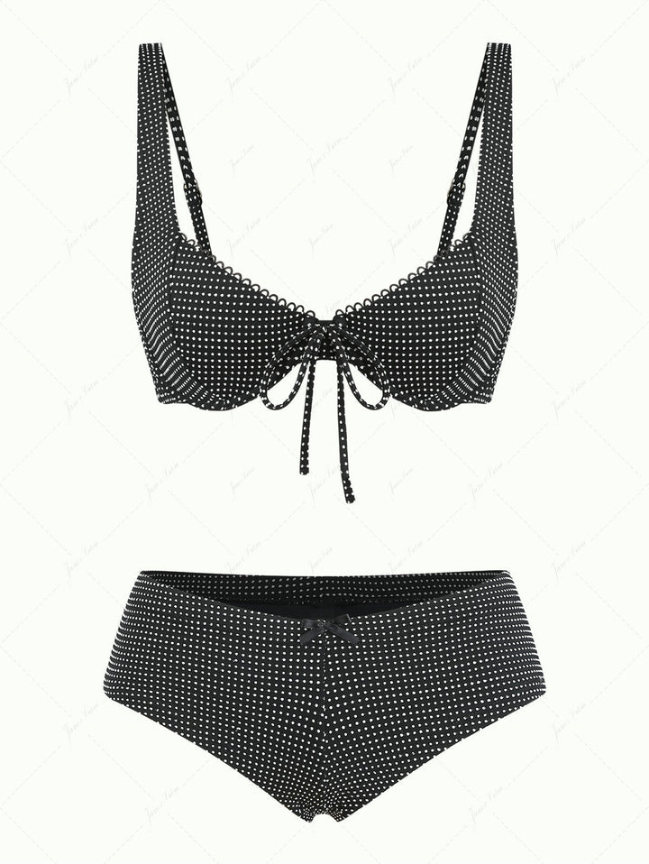 Janex Black Pin Dot Jacquard Fabric Picot Trim Underwire Bikini Set