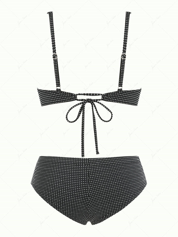 Janex Black Pin Dot Jacquard Fabric Picot Trim Underwire Bikini Set
