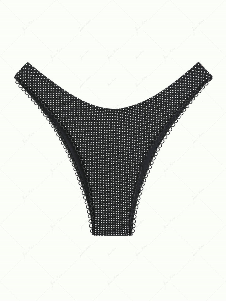 Black Pin Dot Jacquard Picot Trim High Leg Bikini Bottom