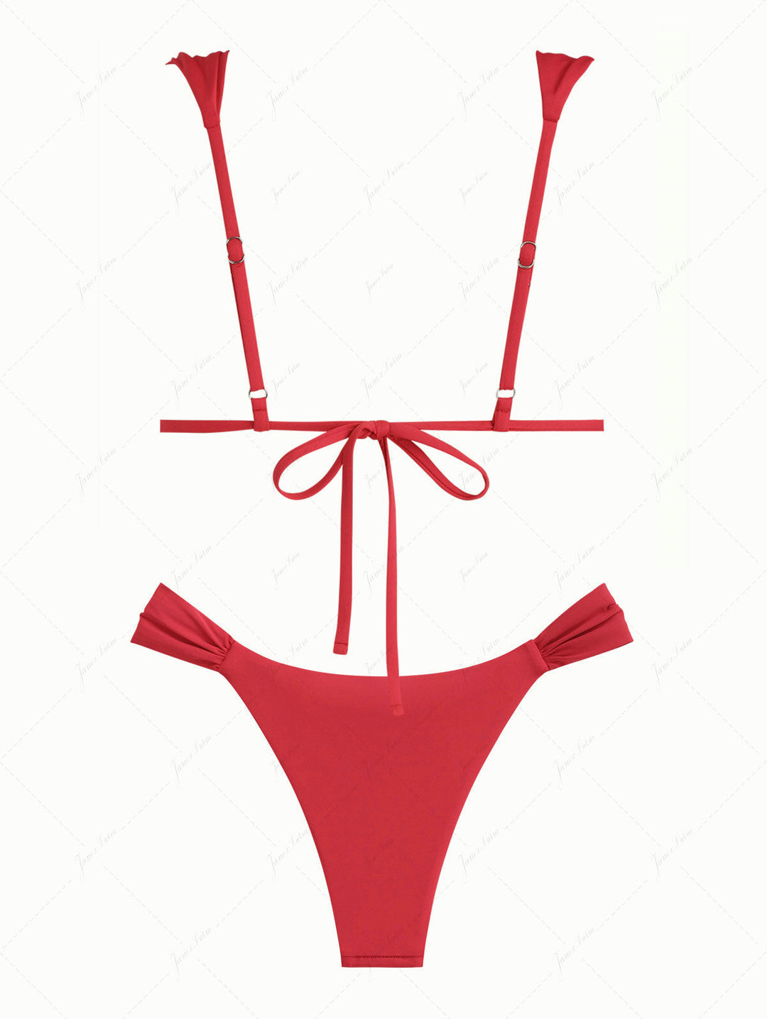 Janex Red Solid Color Ruched Wide Straps Triangle High Leg Bikini Set
