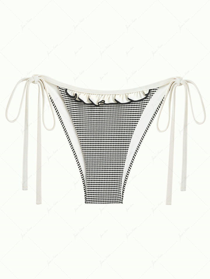 Crystal Cream Metallic Gold Yarn Knitted Fabric Ruffles Tie Side Bikini Bottom