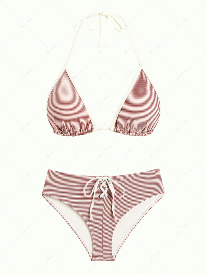 Cherry Red Striped Contrast Binding Halter Triangle Half-covered Bikini Set