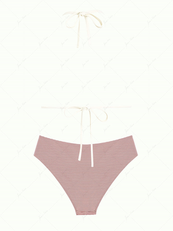 Cherry Red Striped Contrast Binding Halter Triangle Half-covered Bikini Set
